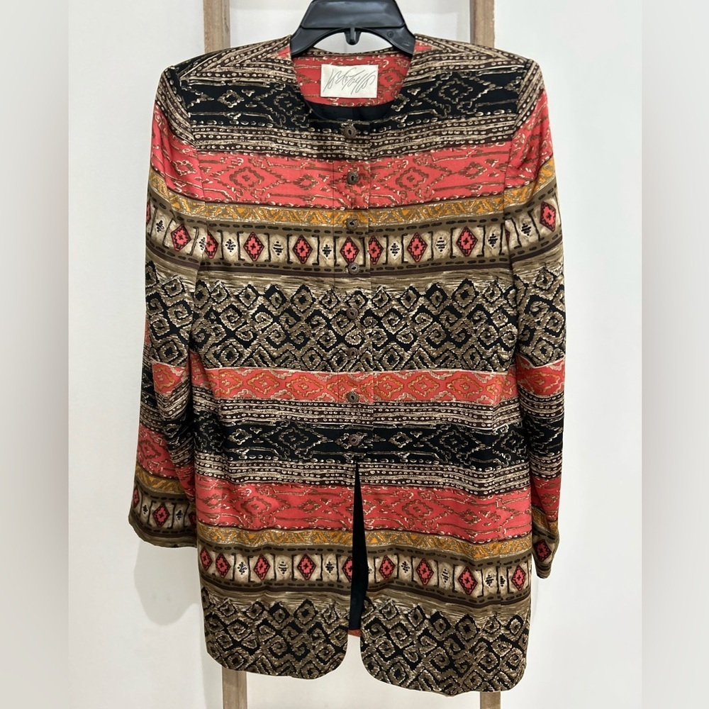 Lord & Taylor Silk Vintage Geometric Blazer Size 6 Long Sleeve Multi Color